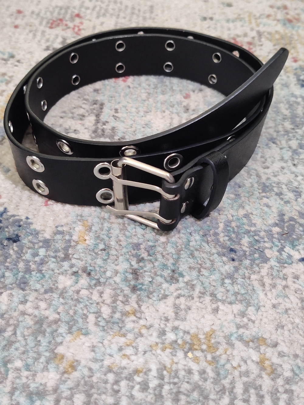 Black Double-Row Grommet Leather Belt